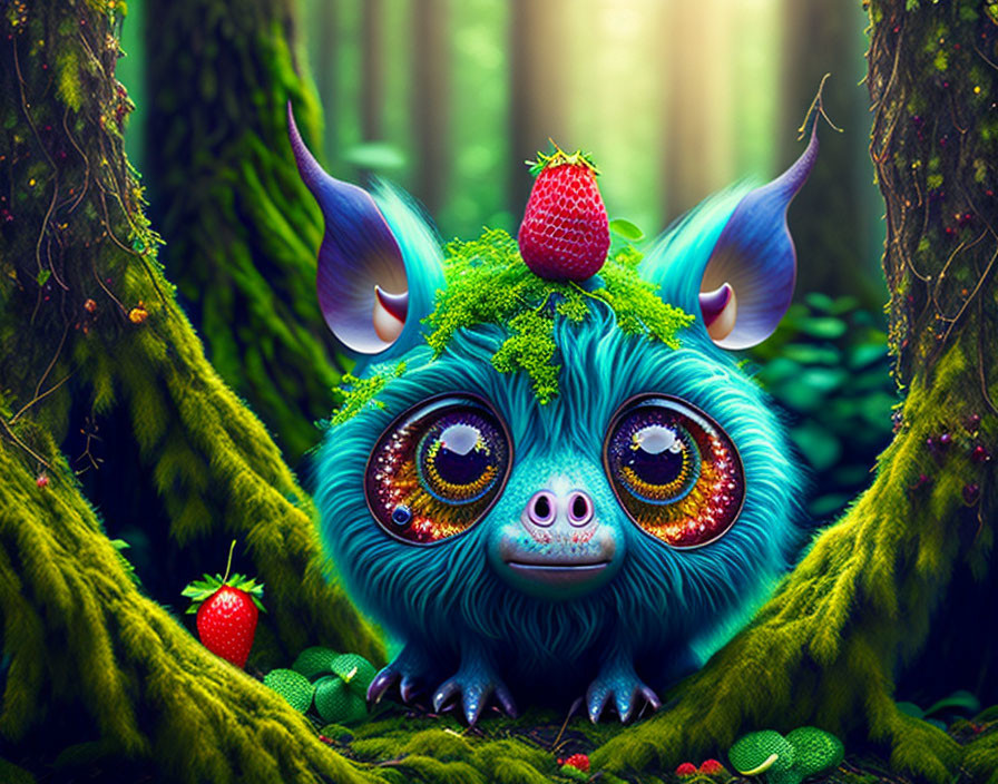 Blue furry creature with horns and strawberry in foliage