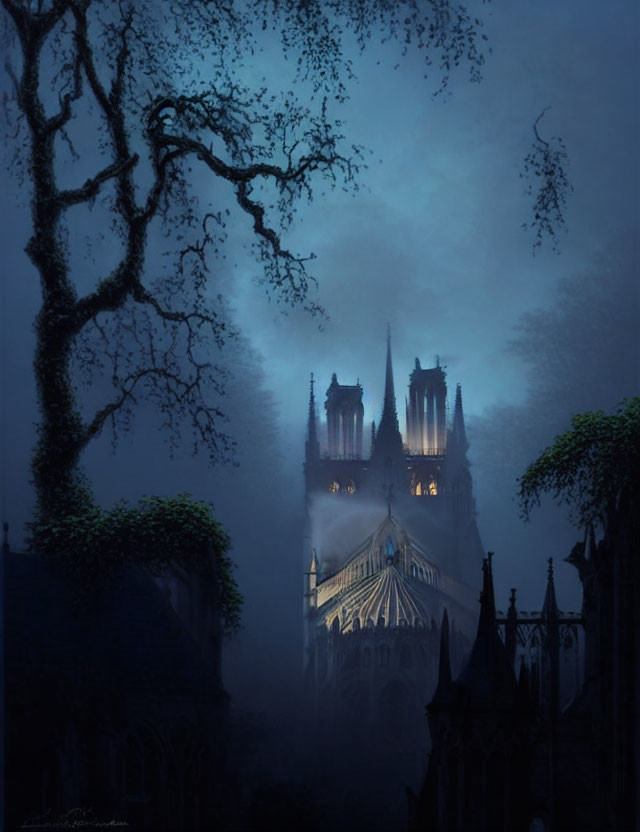 Gothic cathedral at twilight with eerie tree in foreground