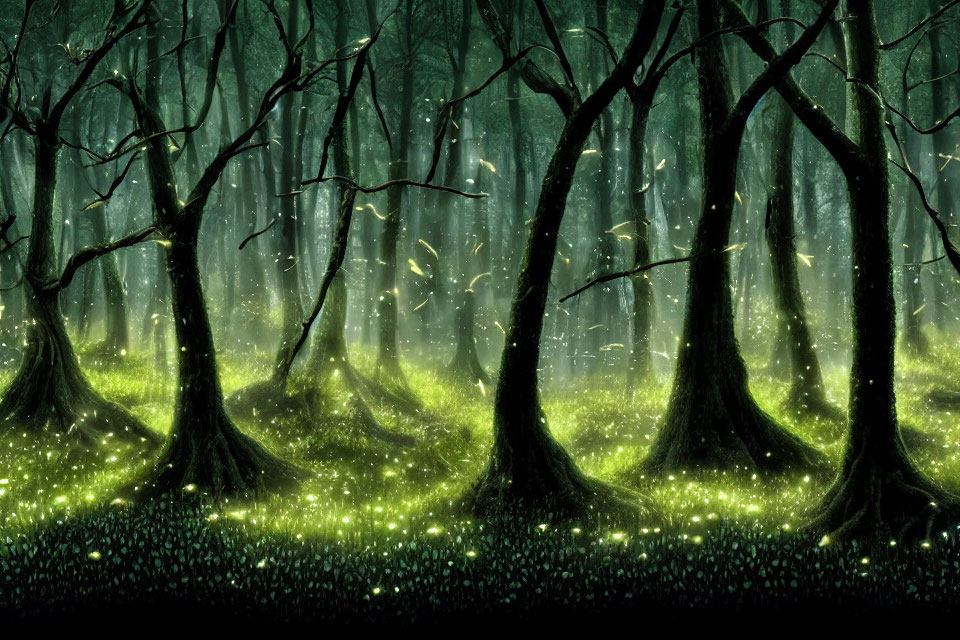 Mystical forest with fireflies and glowing trees at twilight