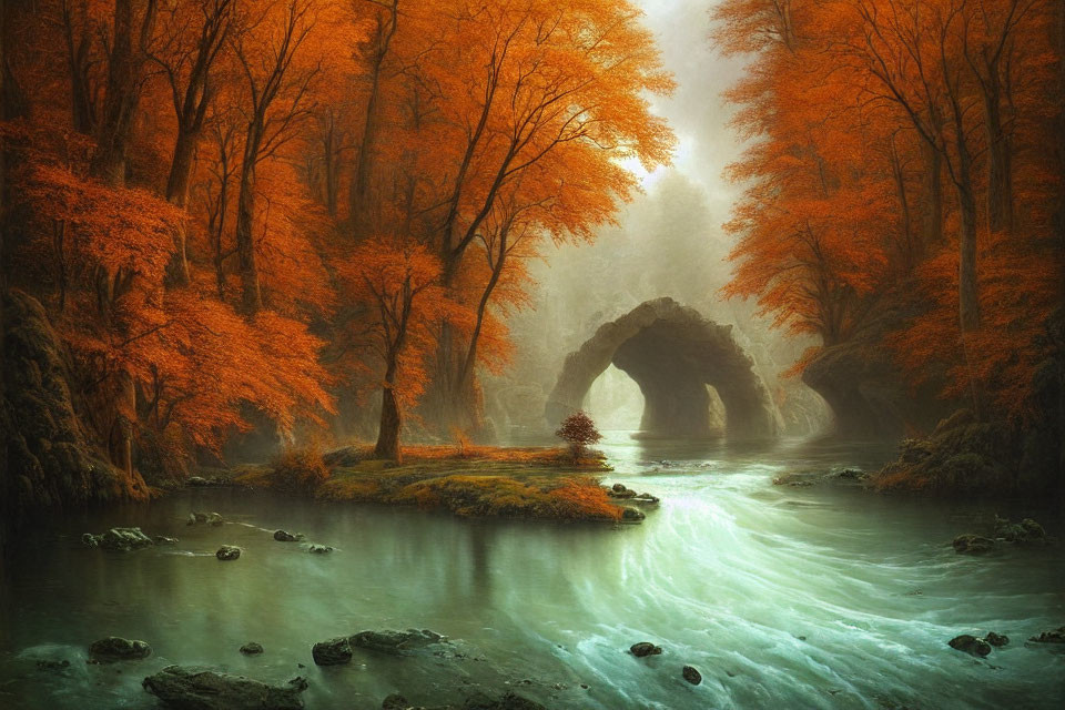 Serene autumn landscape with ancient stone bridge and misty river