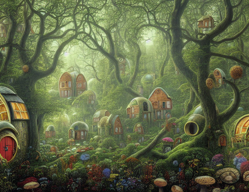 Magical Enchanted Forest with Whimsical Treehouses and Vibrant Flora