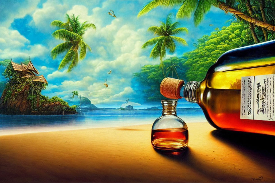 Surreal beach illustration with large and small bottles in tropical setting