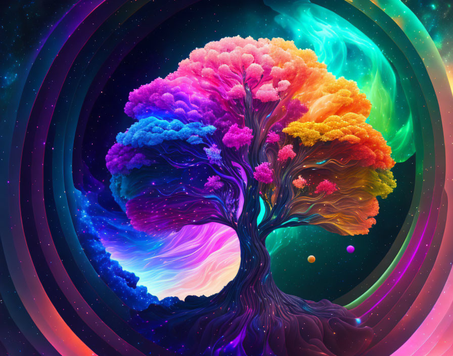 Colorful Tree with Rainbow Leaves in Cosmic Background