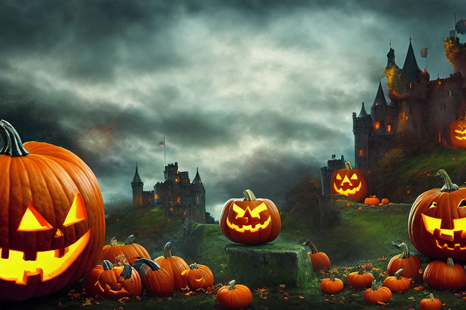 Spooky carved pumpkins and ominous castle in foggy Halloween scene