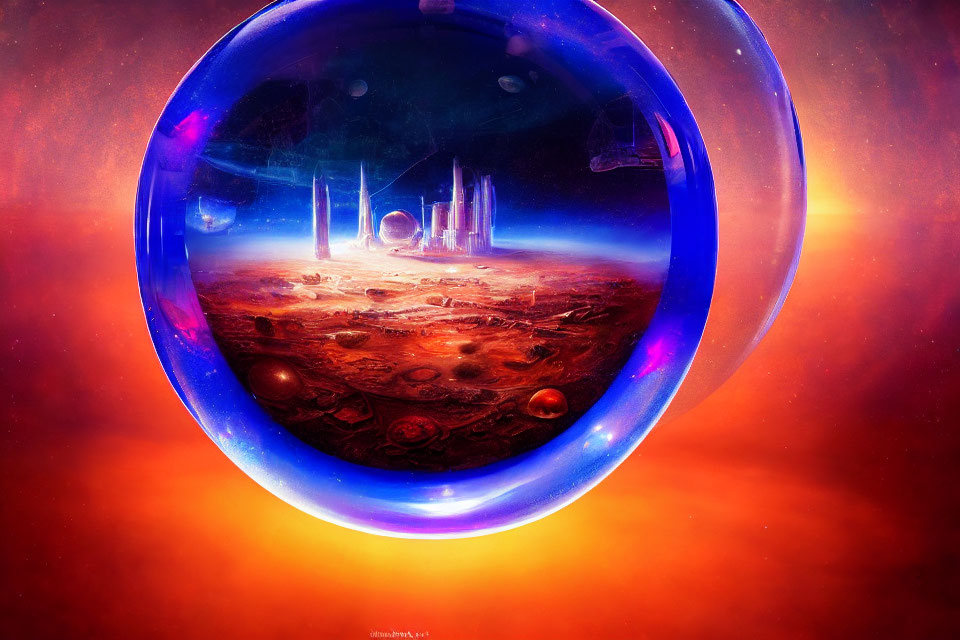 Surreal landscape in bubble with futuristic structures on cosmic backdrop