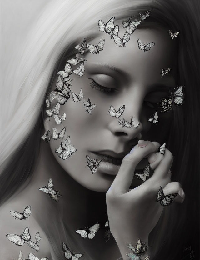 Monochromatic woman portrait with butterflies, serene and mystical ambiance