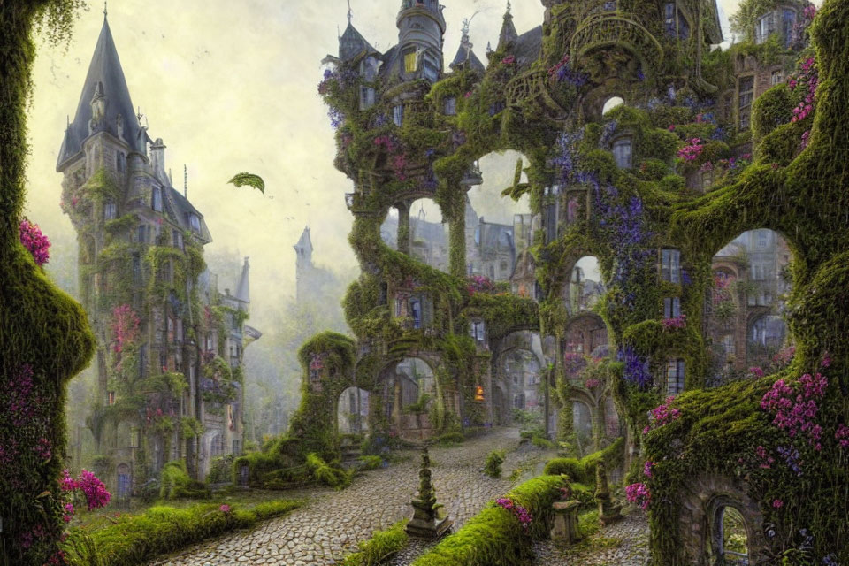 Fantasy castle covered in vines and flowers in a mystical forest