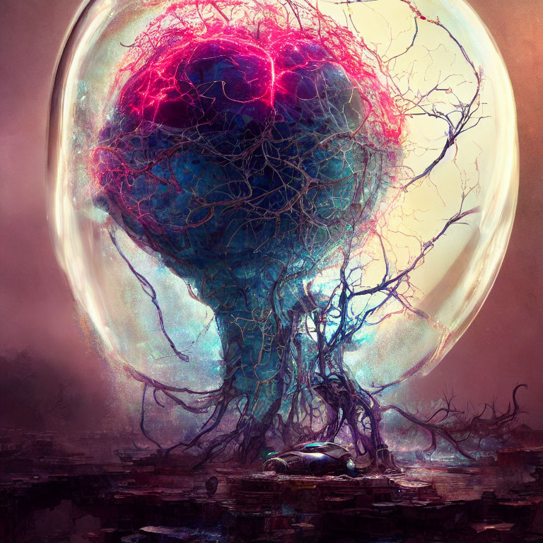 Surreal sci-fi scene: Giant tree-like structure with glowing branches and large orb
