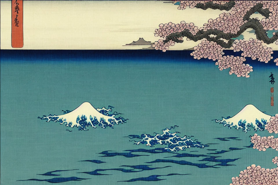 Japanese Ukiyo-e Art: Mount Fuji, Cherry Blossoms, and Waves