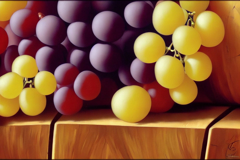 Realistic painting of purple and yellow grapes on wooden surface