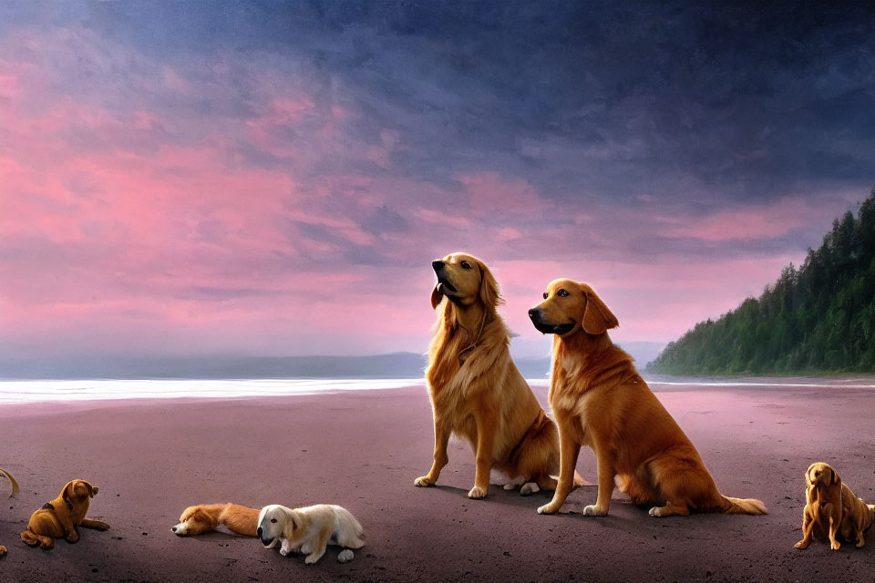 Golden Retrievers and puppies on beach at sunset with pink and blue sky