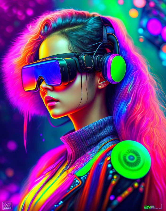 Colorful Digital Artwork: Woman with Neon Hair in VR Goggles