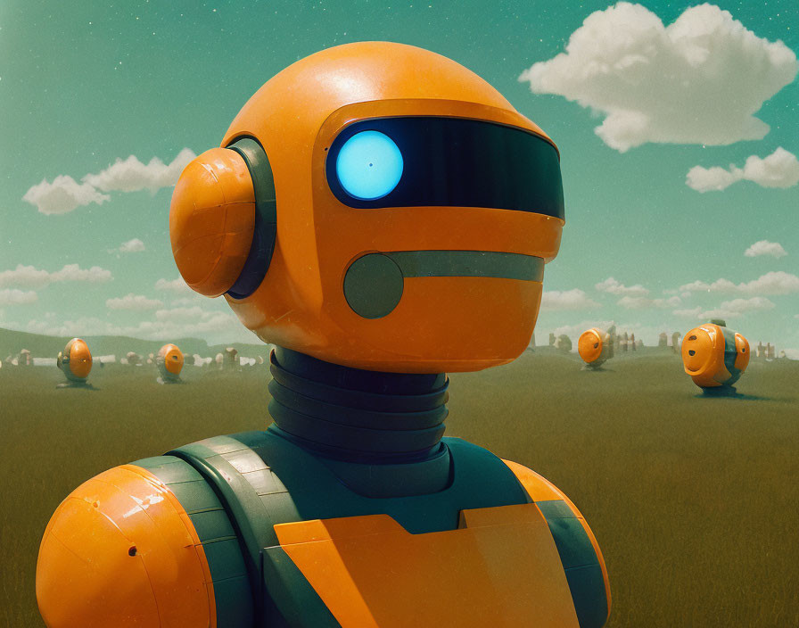 Stylized orange robot with blue visor in green field under cloudy sky