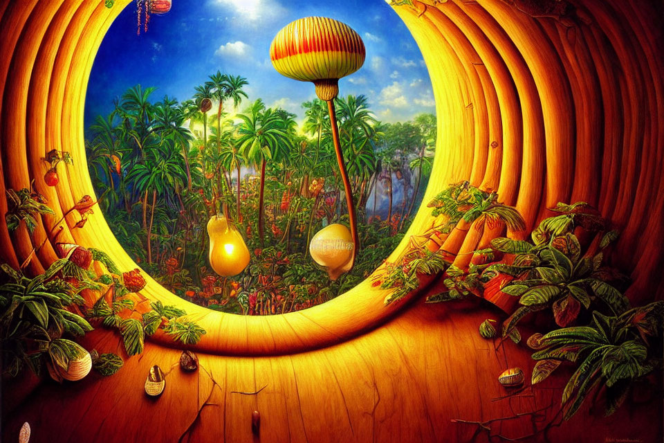 Vibrant surreal painting: Tropical landscape with oversized fruits through circular portal