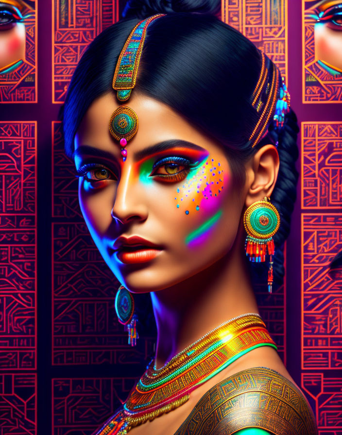 Colorful portrait of woman in traditional Indian attire against patterned backdrop