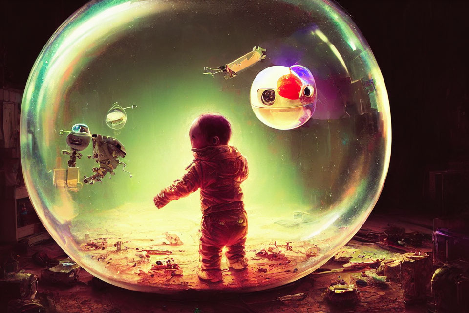 Child astronaut in bubble surrounded by floating debris in space-like setting