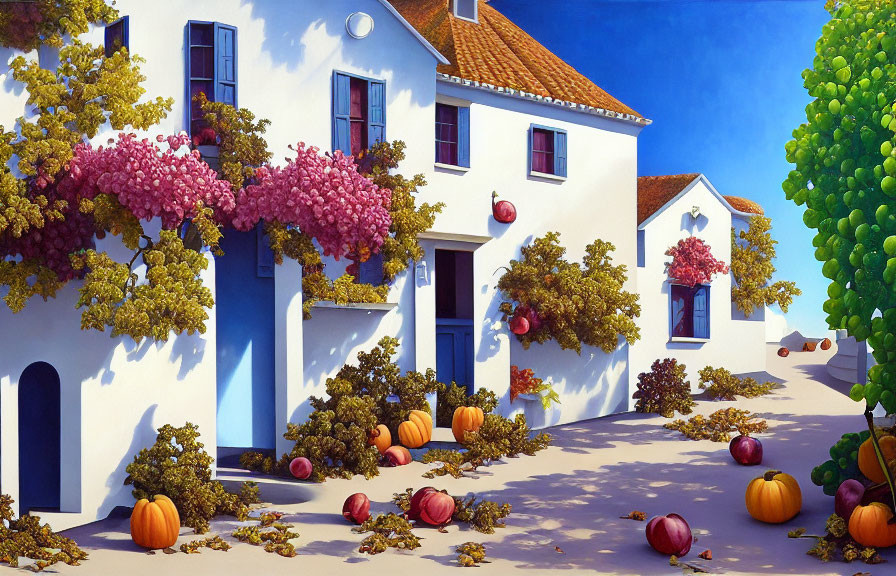 Vibrant Mediterranean-style painting with white buildings, blue shutters, grapevines, and pump