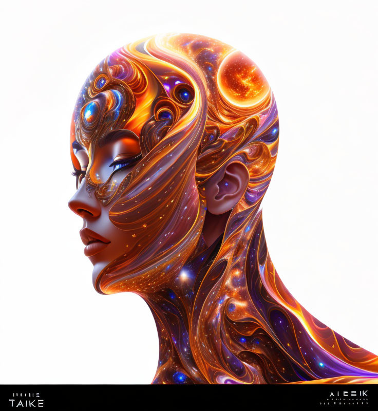 Profile portrait of a woman with cosmic patterns in vibrant colors