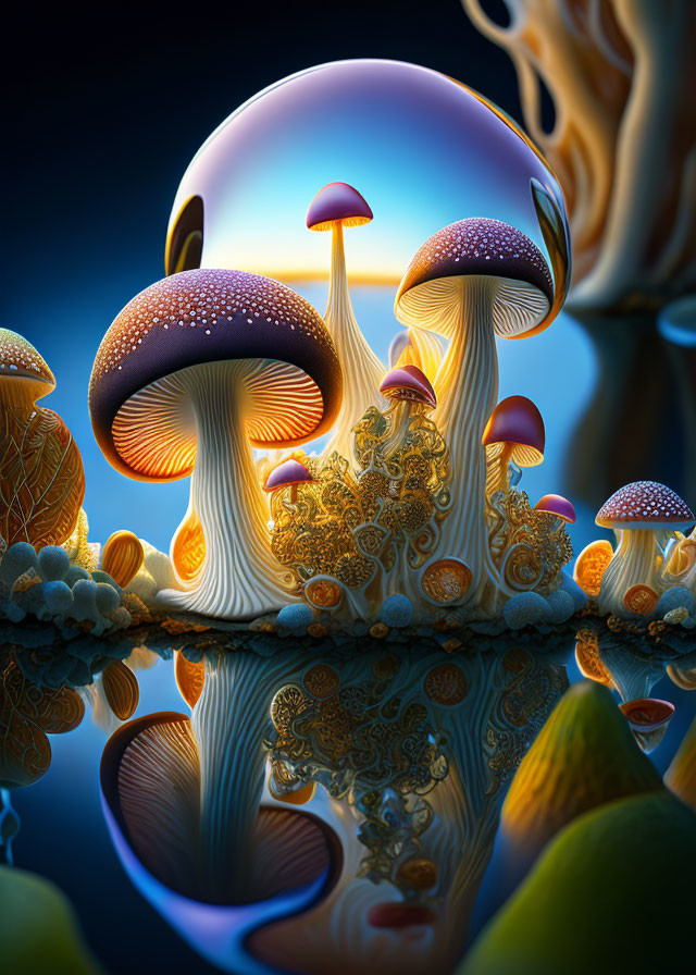 Colorful digital art: whimsical mushrooms with intricate patterns on water surface at twilight