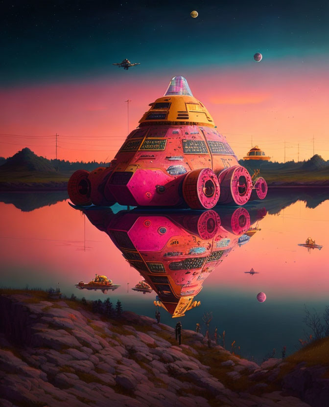 Detailed Sci-Fi Scene: Large Spacecraft Over Lake with Planets at Sunset