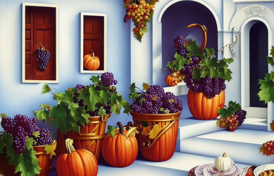 Colorful Mediterranean Style Illustration with Pumpkins and Purple Grapes