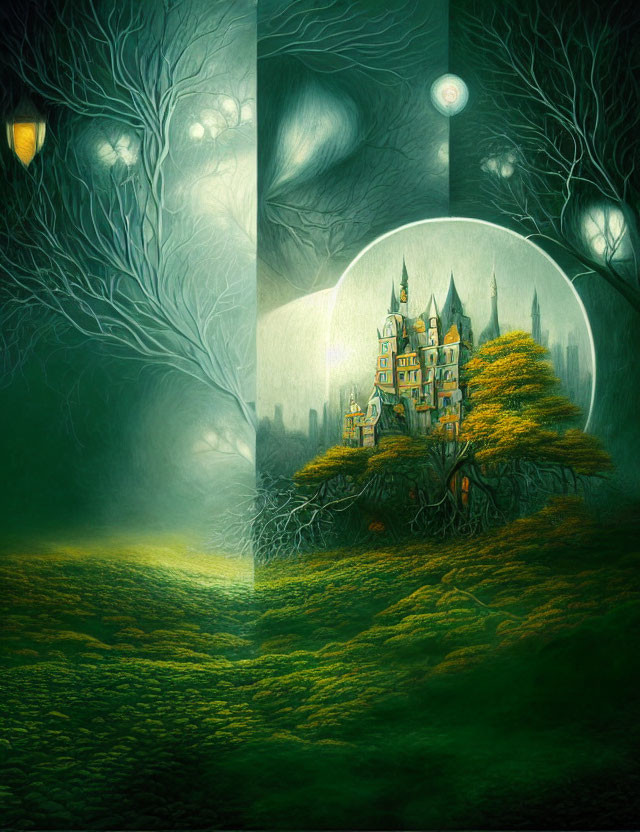 Mystical castle in green glow under moonlit sky