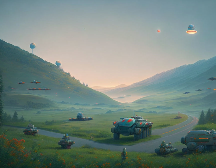 Sci-fi landscape with flying saucers, futuristic vehicles, and green hills under hazy sky
