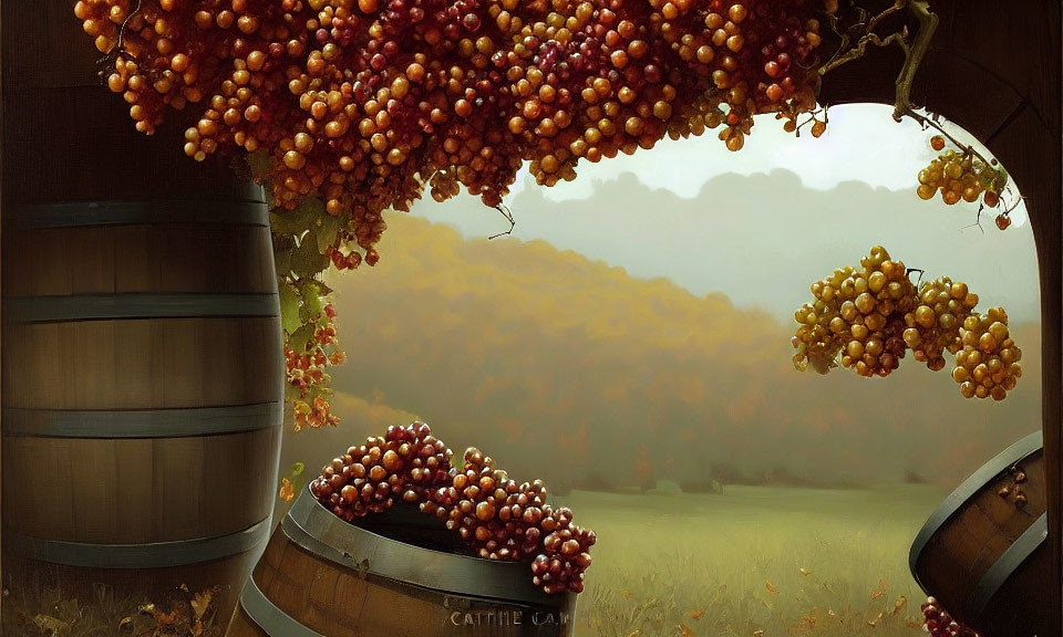 Circular window frames autumn vineyard scene with hanging grapevines and overflowing barrels