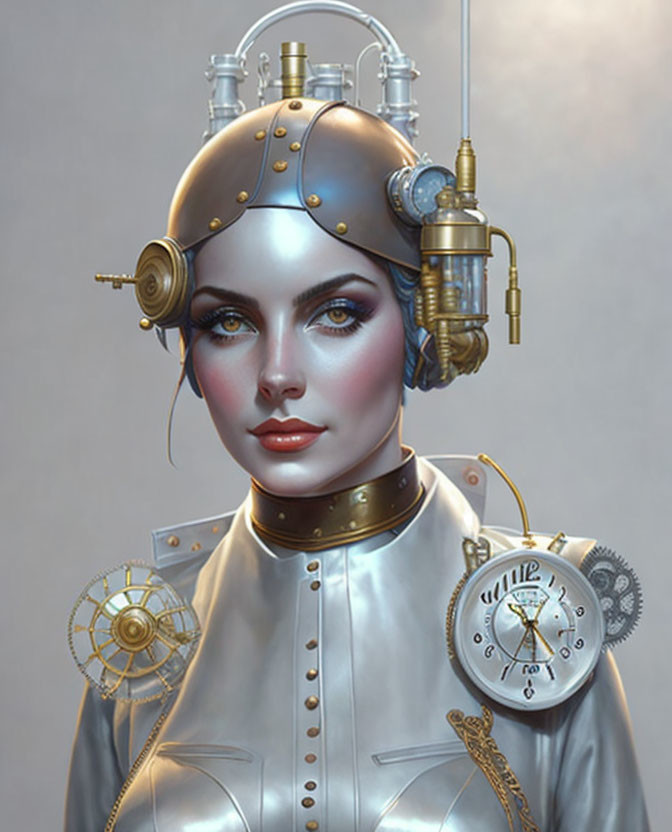 Steampunk-themed digital art of female figure with clockwork helmet.