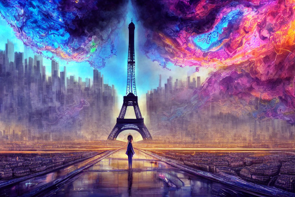 Person standing before Eiffel Tower under surreal sky with building silhouettes.