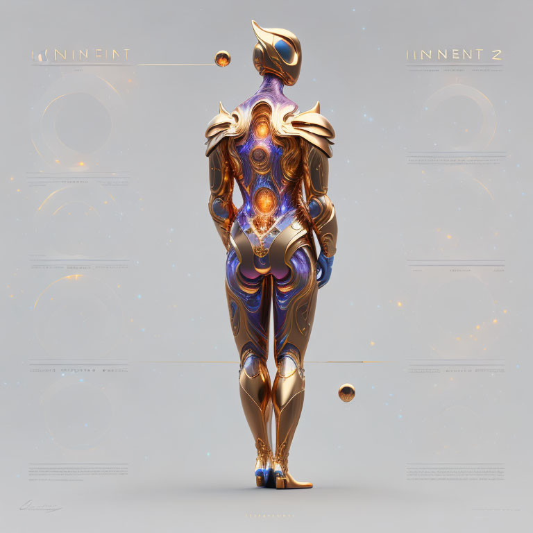 Futuristic armor with gold and blue motifs and glowing orange orbs on soft grey background