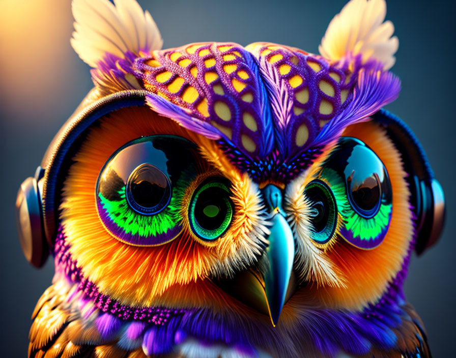 Colorful Stylized Owl with Headphones and Vibrant Feathers