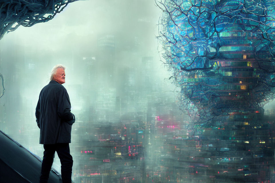 Man on futuristic platform overlooking illuminated cityscape with glowing tree