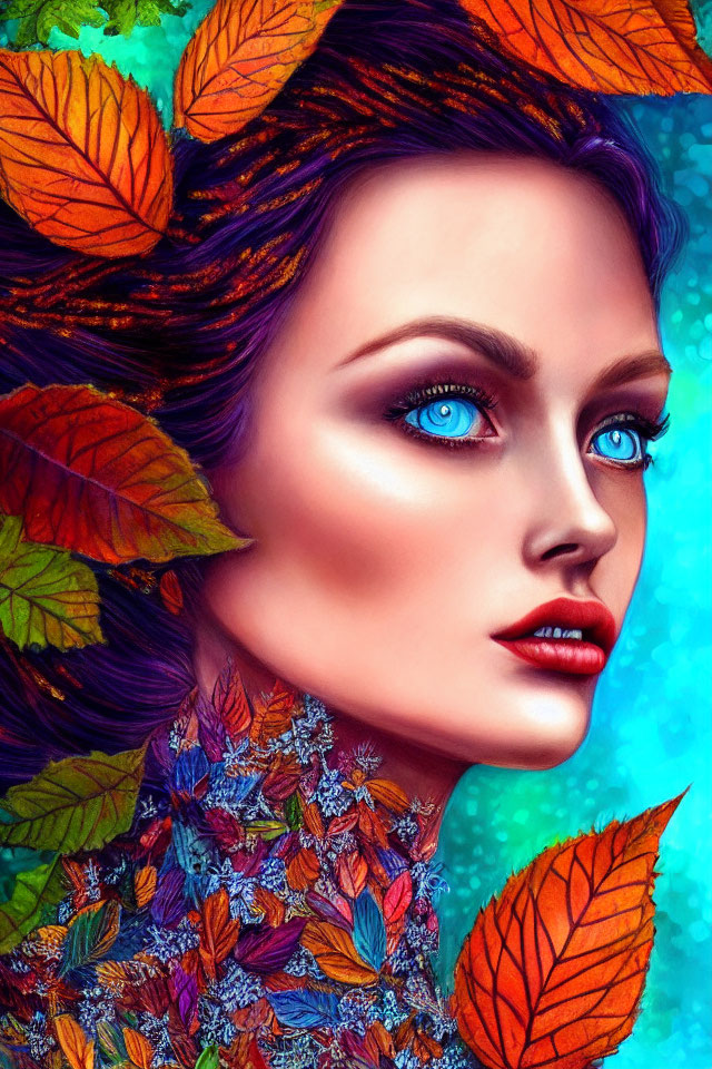 Portrait of Woman with Blue Eyes Surrounded by Autumn Leaves on Teal Background
