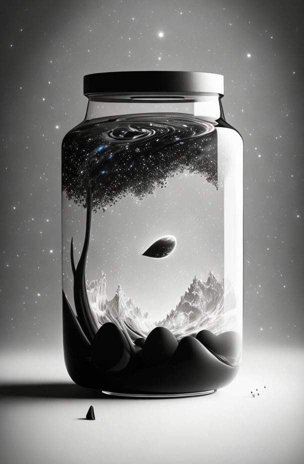 Monochrome illustration of galaxy in jar with mountains