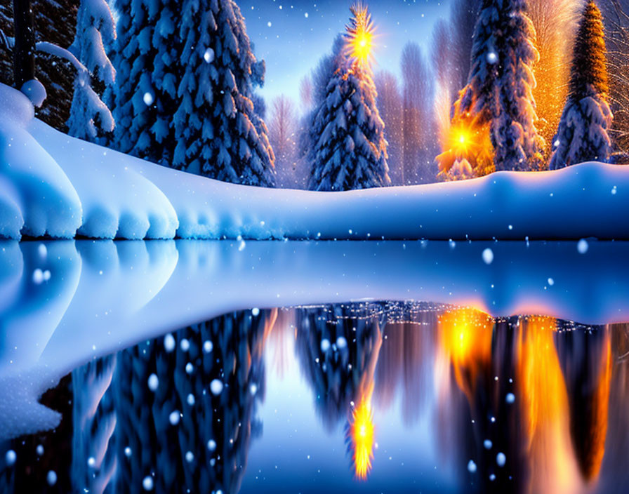 Snow-covered trees, reflective lake, falling snowflakes in serene winter scene