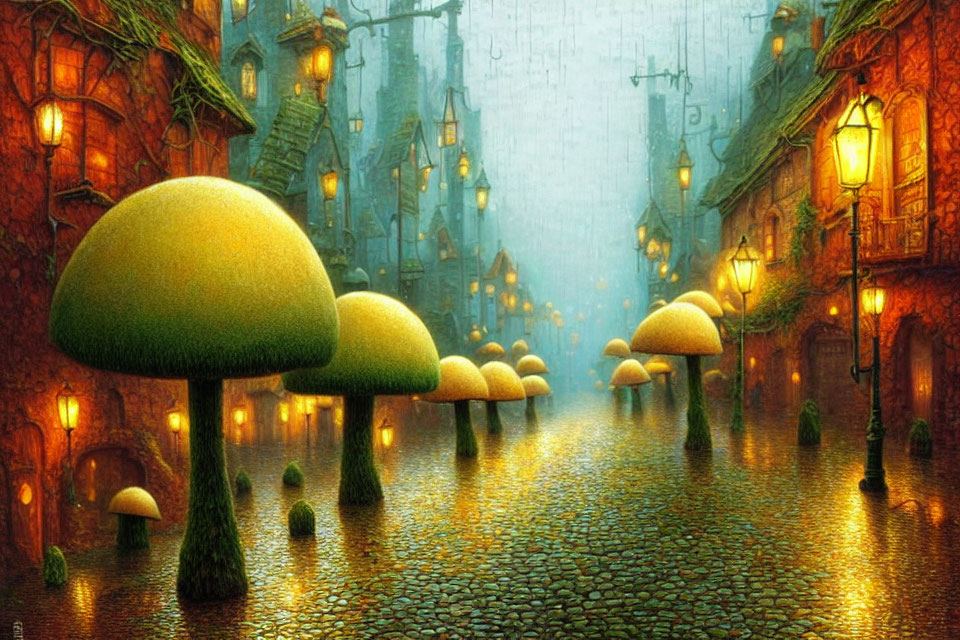 Fantastical cobblestone street with giant mushroom-like trees and whimsical buildings