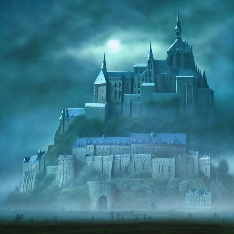 Mystical castle in fog with towering spires under moonlit sky