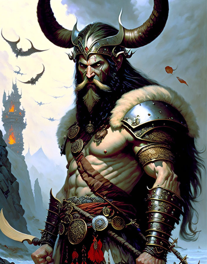 Fantasy warrior with horned helmet and fiery castle backdrop.