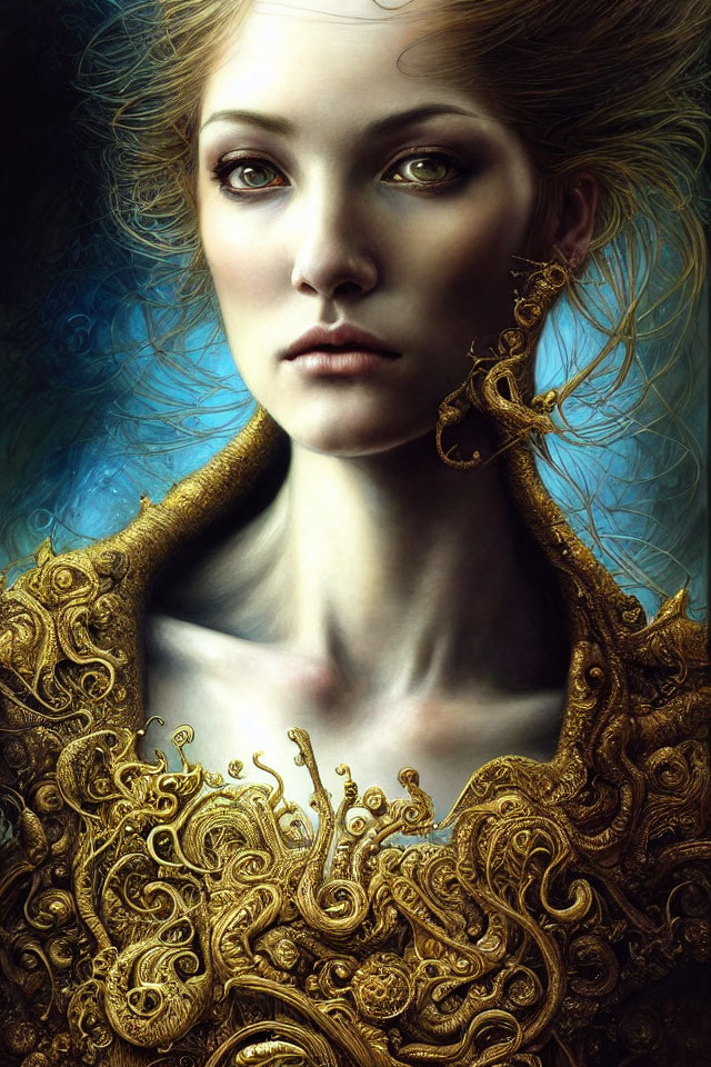 Digital artwork: Woman with fair skin and green eyes in golden collar