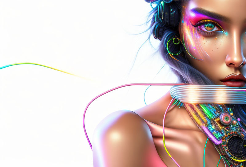 Vibrant digital artwork of woman with cybernetic enhancements & neon makeup.