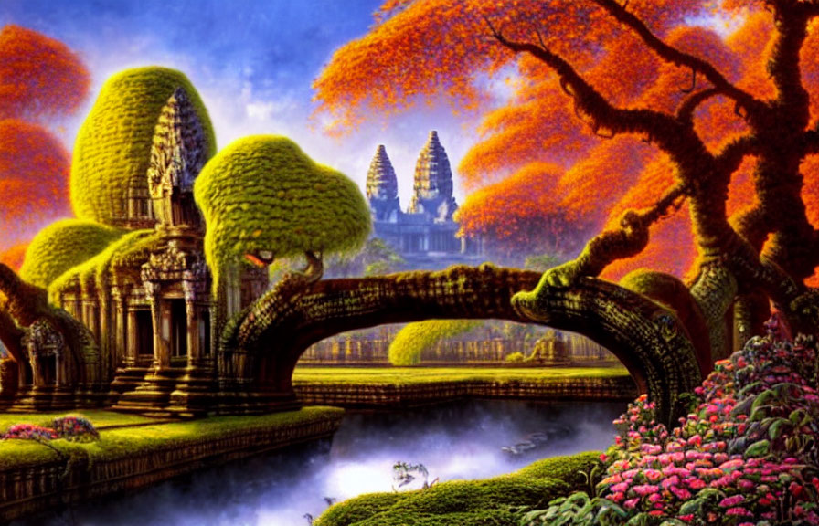 Fantasy landscape with stone bridge, vibrant flora, temple structures, serene ambiance
