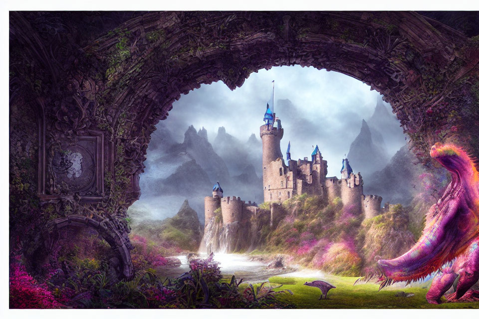 Vibrant pink dragon in mystical castle landscape with stone archway