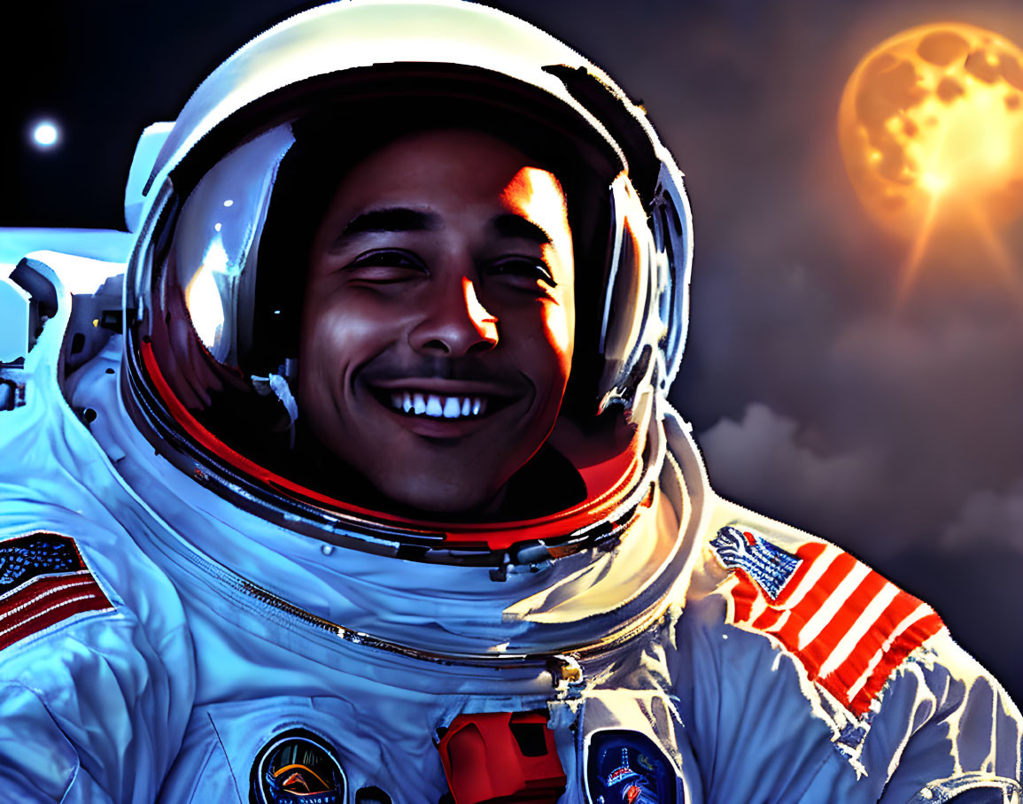 Smiling astronaut in American flag space suit against space backdrop