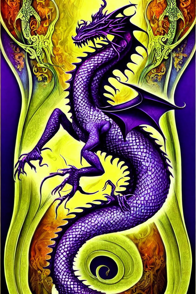Colorful Dragon Artwork Featuring Purple and Yellow Dragon with Elaborate Scales