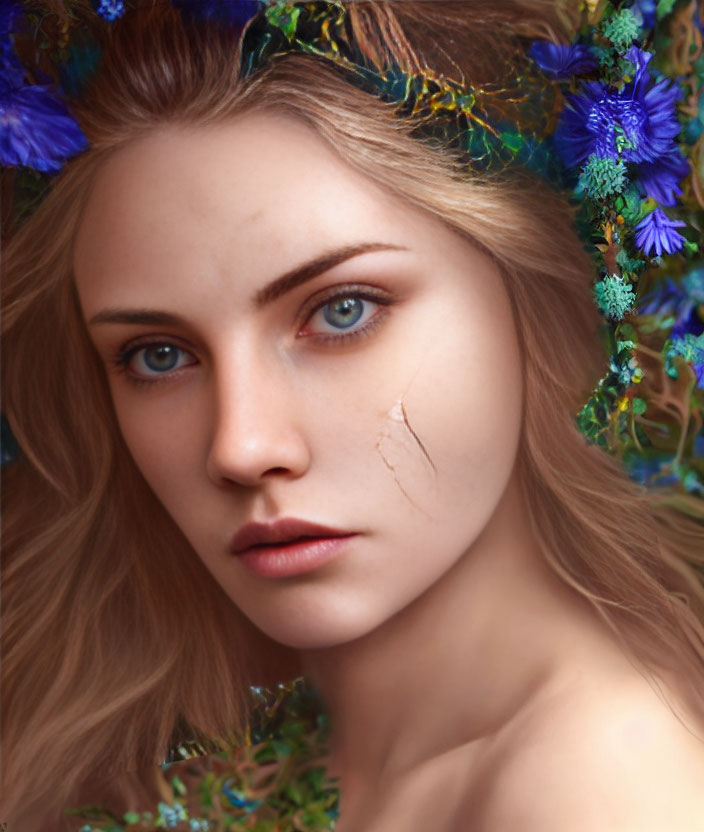 Fair-skinned woman with blue eyes and light brown hair surrounded by blue flowers and a scar on her
