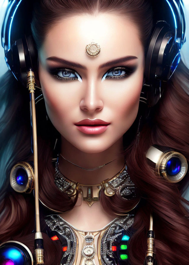 Digital artwork: Woman with blue eyes, futuristic headphones, and ornate jewelry