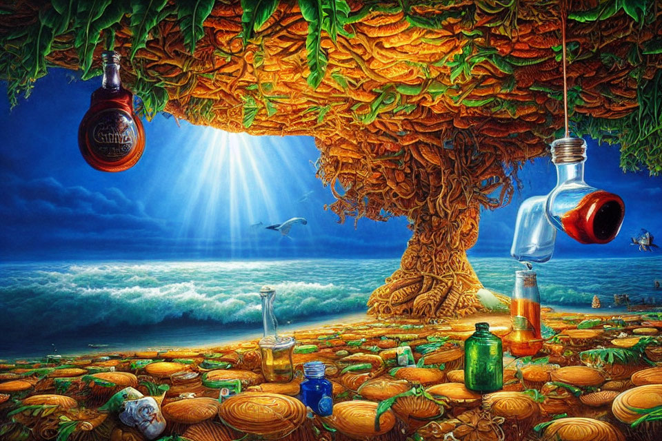 Surreal painting: coins sea, tree with bottle fruit, ocean backdrop