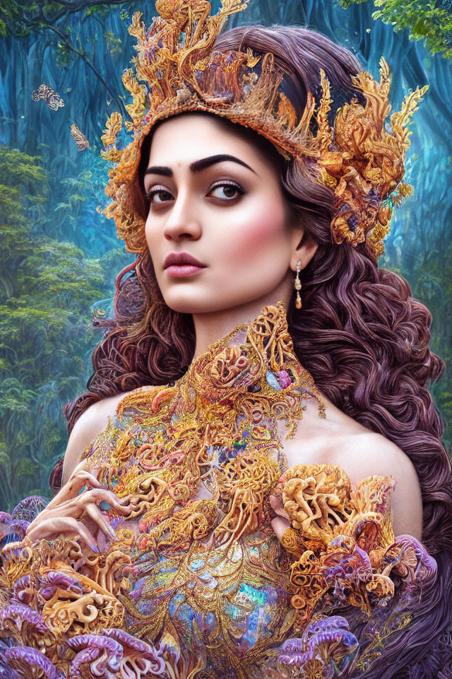 Intricate golden headpiece and attire against forest backdrop