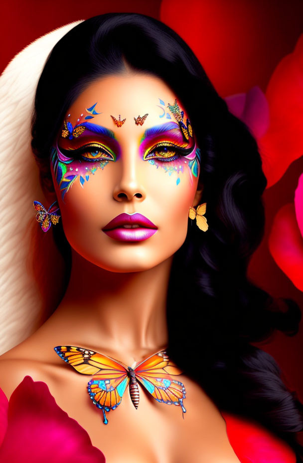 Colorful Butterfly Makeup Woman on Red Floral Background